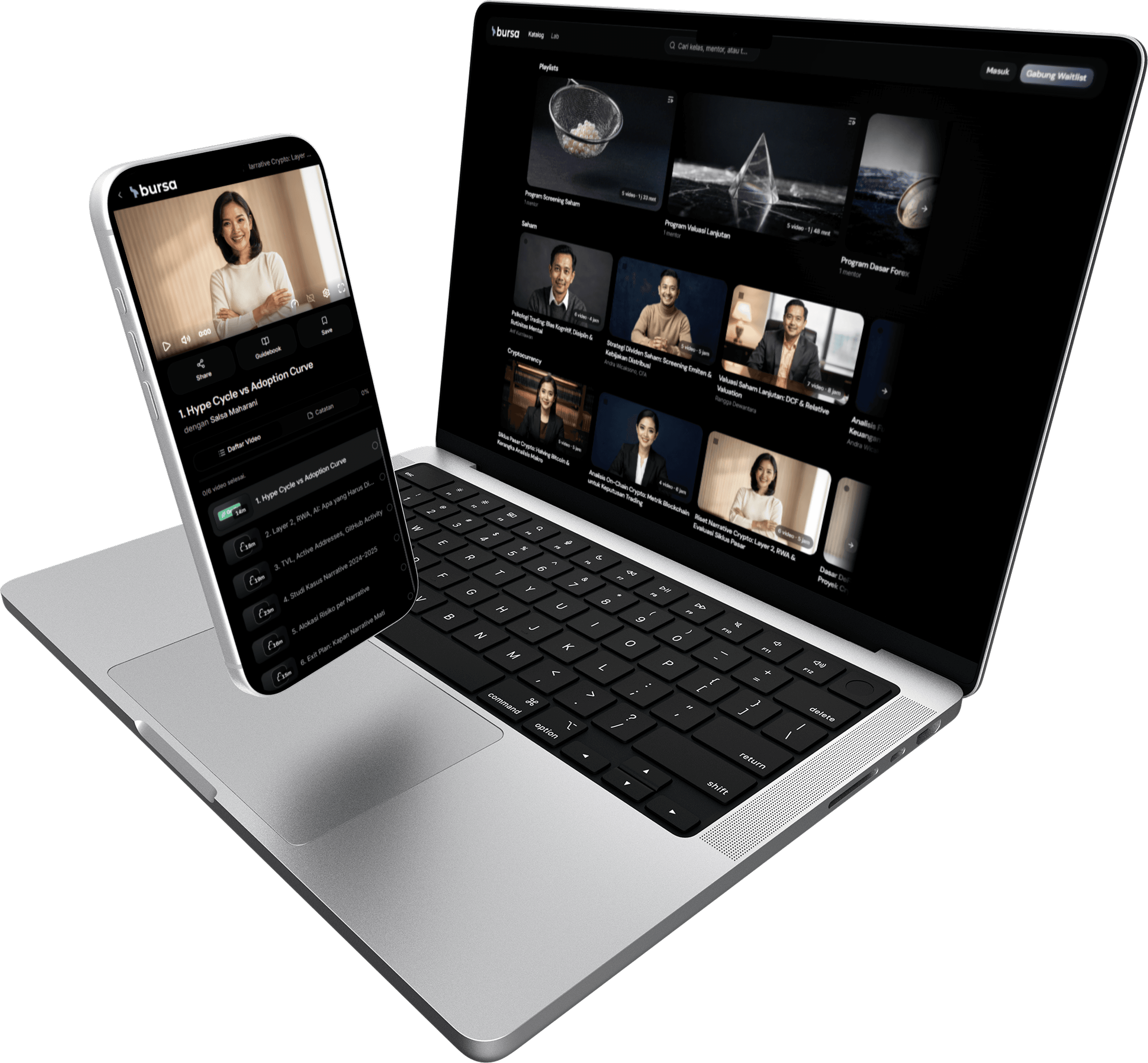 Tampilan Bursa di laptop dan ponsel: katalog kelas di desktop dan ruang belajar di mobile.